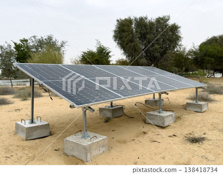 Solar panels in desert landscape, providing clean energy in off-grid natural areas. Concept of sustainability innovation Solar panels in desert landscape, providing clean energy in off-grid natural areas. Concept of sustainability innovation 138418734