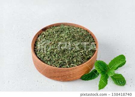 Dried mint leaves in wooden bowl with fresh mint on white background. Dried mint leaves in wooden bowl with fresh mint on white background. 138418740