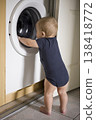 Baby Investigates Washing Machine Interior. Young Child Examines Inside Of Washing Machine Carefully. Little Girl In Navy Onesie Explores Drum With Curiosity And Focus verical 138418772