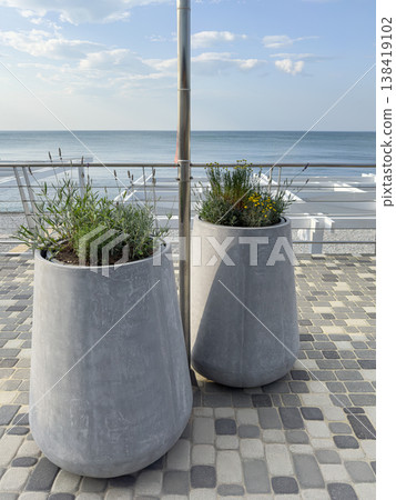 Planters on a seaside walkway with ocean view Planters on a seaside walkway with ocean view 138419102