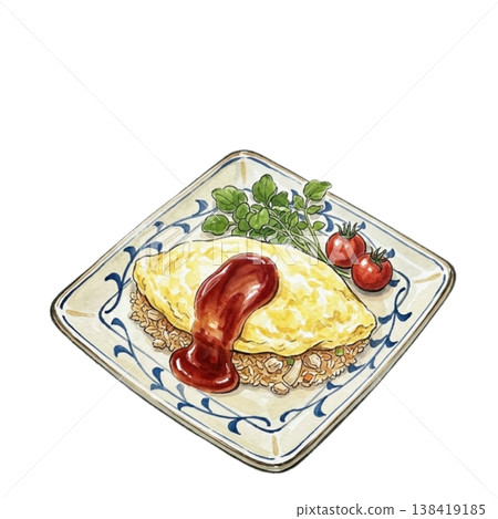 一幅以日本繪畫風格繪製的蛋包飯插圖，上面淋著番茄醬。 138419185