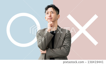Male businessmen have to decide whether to answer yes or no. 138419441