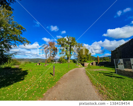 Sunny gravel path through a green park at a historical castle ruins site Sunny gravel path through a green park at a historical castle ruins site 138419454