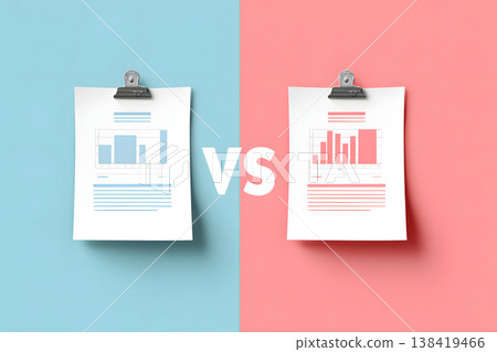 A comparison graph of blue and pink colors, and a VS (versus) composition. A contrasting image of business strategy and data analysis. 138419466