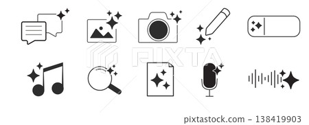 Ai generated audio or media icon set. Ai star sparkle symbol, creative artificial intelligence and machine learning technology concept. Generative AI. music generated, image generate, magic pencil 138419903