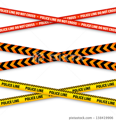Barricade construction tape. Colorful police warning line, brightly colored danger or hazard stripe, ribbon. Restricted area, zone. Attention symbol. Vector illustration Barricade construction tape. Colorful police warning line, brightly colored danger or hazard stripe, ribbon. Restricted area, zone. Attention symbol. Vector illustration 138419906