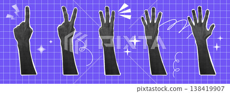Hand set halftone collage with gesture calculation, different finger numbers, interactive communication signs. Hands show one, two, three, four and five. Hand set halftone collage with gesture calculation, different finger numbers, interactive communication signs. Hands show one, two, three, four and five. 138419907