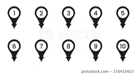 Black Numbered Location Pin Solid Icon Set. Sequential Map Marker Silhouette Symbol Collection. Navigation, Geolocation, And Wayfinding Design Elements. Isolated Vector Illustration Black Numbered Location Pin Solid Icon Set. Sequential Map Marker Silhouette Symbol Collection. Navigation, Geolocation, And Wayfinding Design Elements. Isolated Vector Illustration 138419923