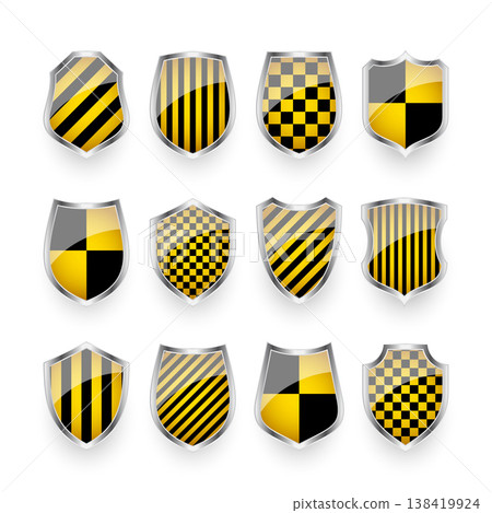 Glossy shields with yellow and black pattern. Security and protection concept. Cyber safety icons, internet privacy, web defense, digital data protection and antivirus themes. Vector illustration 138419924