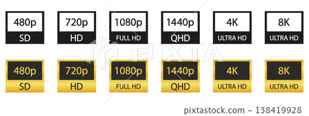 Video Resolution Icons Set. Hd, Full Hd, 2K, 4K, 8K Quality Black and Gold Symbol Collection. Multimedia And Technology Use. Video and TV Size Resolution Icons. Isolated Vector Illustration Video Resolution Icons Set. Hd, Full Hd, 2K, 4K, 8K Quality Black and Gold Symbol Collection. Multimedia And Technology Use. Video and TV Size Resolution Icons. Isolated Vector Illustration 138419928