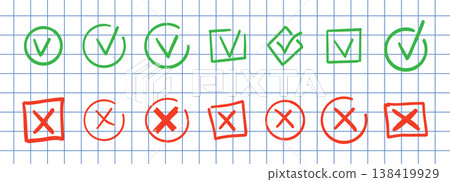 Check mark doodle icon set. Checkmarks and confirm. Ok, yes sign for agreement, done. tick. Cross signs for checkbox, checklist, v in sketch. Check mark doodle icon set. Checkmarks and confirm. Ok, yes sign for agreement, done. tick. Cross signs for checkbox, checklist, v in sketch. 138419929