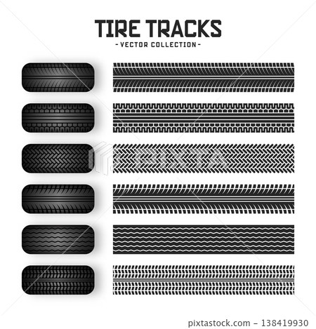 Tire tracks, rubber wheels, and braking marks. Truck, car, or motorcycle tread pattern silhouettes. Perfect for auto racing, motorsport, and speed-related designs. Vector illustration 138419930