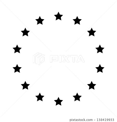 Stars of various sizes arranged in a circle. Round frame, border. Black star outline, simple symbol. Design element, ornament. Line art. Vector illustration Stars of various sizes arranged in a circle. Round frame, border. Black star outline, simple symbol. Design element, ornament. Line art. Vector illustration 138419933