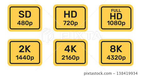 Video Resolution Yellow Icons Set. Digital Display Quality Symbol Collection. Video and TV Size Resolution Icons. Multimedia And Technology Use. Isolated Vector Illustration Video Resolution Yellow Icons Set. Digital Display Quality Symbol Collection. Video and TV Size Resolution Icons. Multimedia And Technology Use. Isolated Vector Illustration 138419934