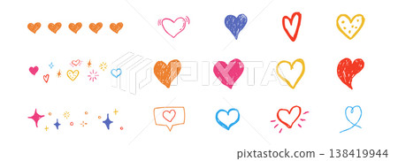 Crayon set heart, simple bright free hand doodle elements, borders. Pastel childlike cute decoration. Scribble ink grunge heart shapes 138419944