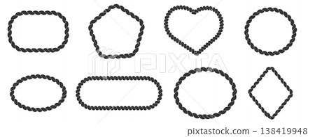 Rope frame set, heart cord. Bow with tied knot trendy frame template, border. String wreath with loops. Outline nautical style  138419948