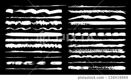Long grunge brush strokes, lines, ink smudges, hand-drawn scribble shapes. Handmade sketchy marks, stains, charcoal streaks. Paint textures, dry brush effect. Marker underline. Vector illustration 138419949