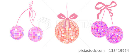 Disco ball set, shiny party mirror glowing party decorations. Y2k cherry with bow, Glossy discoballs in 70s 80s retro style. Party, music, Disco ball set, shiny party mirror glowing party decorations. Y2k cherry with bow, Glossy discoballs in 70s 80s retro style. Party, music, 138419954