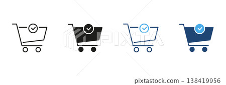 Shopping Cart With Checkmark Line And Solid Icon Set. E-Commerce Purchase Confirmation, Online Shopping Approval Outline And Silhouette Symbol. Retail And Marketplace. Isolated Vector Illustration 138419956