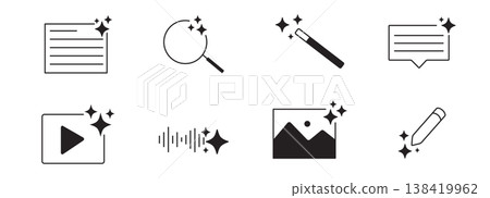 Ai generated audio or media icon set. Ai star sparkle symbol, creative artificial intelligence and machine learning technology concept. Generative AI. music generated, image generate, magic pencil Ai generated audio or media icon set. Ai star sparkle symbol, creative artificial intelligence and machine learning technology concept. Generative AI. music generated, image generate, magic pencil 138419962