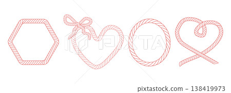 Rope frame set, heart cord. Red Bow with tied knot trendy frame template, border. String wreath with loops. Outline nautical style  138419973
