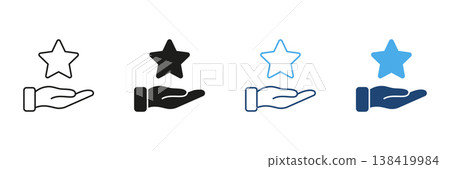 Hand Holding Star Line And Solid Icon Set. Achievement, Recognition, And Success Symbol Outline And Silhouette Collection. Reward And Excellence Representation. Isolated Vector Illustration 138419984