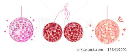Disco ball set, shiny party mirror glowing party decorations. Y2k cherry with bow, Glossy discoballs in 70s 80s retro style. Party, music, Disco ball set, shiny party mirror glowing party decorations. Y2k cherry with bow, Glossy discoballs in 70s 80s retro style. Party, music, 138419991