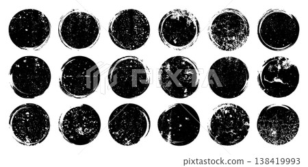 Grunge circles with stains and scratches. Circle brush stroke, round shape design element. Distressed dirty text frame, border, sticker or label. Paintbrush, ink stains. Vector illustration 138419993