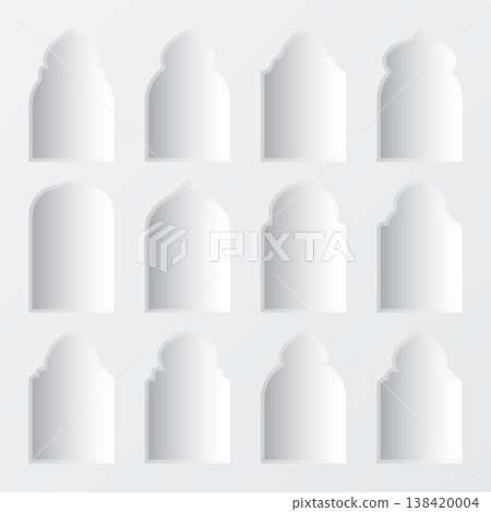 Islamic frames, oriental style objects. Arabic shapes, windows and arches with shadows. Traditional ornamental frame. Muslim holidays, Ramadan Kareem. Modern eastern architecture. Vector illustration Islamic frames, oriental style objects. Arabic shapes, windows and arches with shadows. Traditional ornamental frame. Muslim holidays, Ramadan Kareem. Modern eastern architecture. Vector illustration 138420004