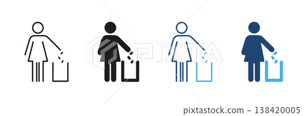 Female Figure Throwing Trash In Bin Line And Solid Icon Set. Waste Disposal, Environmental Responsibility, And Cleanliness Outline And Silhouette Symbol Collection. Isolated Vector Illustration 138420005