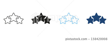 Three Stars Rating Line And Solid Icon Set. Quality Assessment, Feedback, And Review System Outline And Silhouette Symbol Collection. Customer Satisfaction Evaluation. Isolated Vector Illustration 138420008