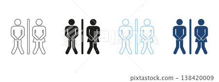Male And Female Restroom Urgency Line And Solid Icon Set. Bathroom Emergency, Urination Urgency and Restroom Signage Outline And Silhouette Symbol Collection. Isolated Vector Illustration 138420009