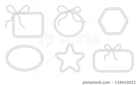 Rope frame set, heart cord. Bow with tied knot trendy frame template, border. String wreath with loops. Outline nautical style Rope frame set, heart cord. Bow with tied knot trendy frame template, border. String wreath with loops. Outline nautical style 138420022
