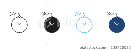 Clock Bomb Icon Set. Time Management, Deadline Pressure, And Urgency Symbol Collection. Explosive Time Concept In Outline And Solid Styles. Isolated Vector Illustration 138420023