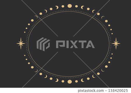 Line golden oval frame, celestial tarot minimal esoteric border, mystyc linear decoration with dots, stars isolated on dark background. Line golden oval frame, celestial tarot minimal esoteric border, mystyc linear decoration with dots, stars isolated on dark background. 138420025