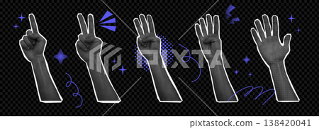 Hand set halftone collage with gesture calculation, different finger numbers, interactive communication signs. Hands show one, two, three, four and five. 138420041