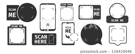 Scanning frames Qr codes stickers and scan me phone tag inscription. Phone arrow, borders. QR code mockup, layout. Qr code for payment, e-wallet, web, mobile app. UI UX design element set 138420046