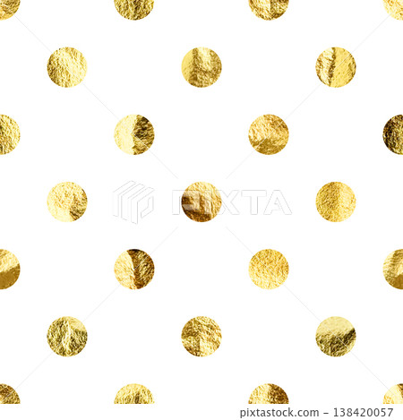 Gold foil seamless texture, shiny handmade circles. Golden glittering pattern. Shining hand drawn background. Wedding, greeting card decoration elements. Modern minimalist art. Vector illustration Gold foil seamless texture, shiny handmade circles. Golden glittering pattern. Shining hand drawn background. Wedding, greeting card decoration elements. Modern minimalist art. Vector illustration 138420057