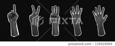 Hand set halftone collage with gesture calculation, different finger numbers, interactive communication signs. Hands show one, two, three, four and five. Hand set halftone collage with gesture calculation, different finger numbers, interactive communication signs. Hands show one, two, three, four and five. 138420064