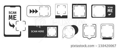 Scanning frames Qr codes stickers and scan me phone tag inscription. Phone arrow, borders. QR code mockup, layout. Qr code for payment, e-wallet, web, mobile app. UI UX design element set 138420067