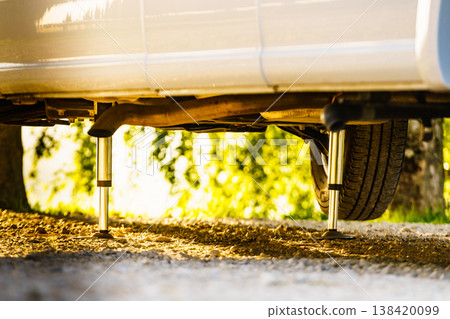 Camper with hydraulic leg in use. Rv levelling system 138420099