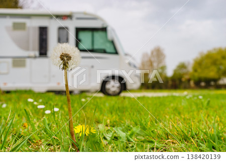 Spring green meadow with flowers and caravan camping in the distance Spring green meadow with flowers and caravan camping in the distance 138420139