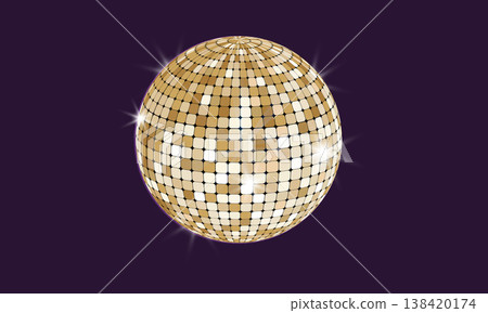 Disco ball shiny party mirror glowing party decorations. Gold color on dark background. Glossy discoball in 70s 80s retro style. Party, music, Disco ball shiny party mirror glowing party decorations. Gold color on dark background. Glossy discoball in 70s 80s retro style. Party, music, 138420174