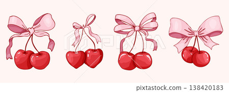 Coquette cherry with bow set. Cute cherries with ribbon. Elegant girly y2k for posters, cards, logo, printing. Aesthetic, trendy pink girly berry crafts bows coquette, Coquette cherry with bow set. Cute cherries with ribbon. Elegant girly y2k for posters, cards, logo, printing. Aesthetic, trendy pink girly berry crafts bows coquette, 138420183
