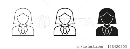 Female Professional Avatar Line And Solid Icon Set. Businesswoman, Corporate Identity, And Career Outline And Silhouette Symbol Collection. Office And Workplace. Isolated Vector Illustration 138420203