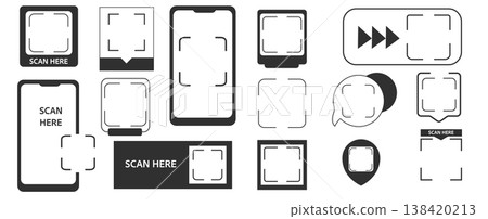 Scanning frames Qr codes stickers and scan me phone tag inscription. Phone arrow, borders. QR code mockup, layout. Qr code for payment, e-wallet, web, mobile app. UI UX design element set Scanning frames Qr codes stickers and scan me phone tag inscription. Phone arrow, borders. QR code mockup, layout. Qr code for payment, e-wallet, web, mobile app. UI UX design element set 138420213
