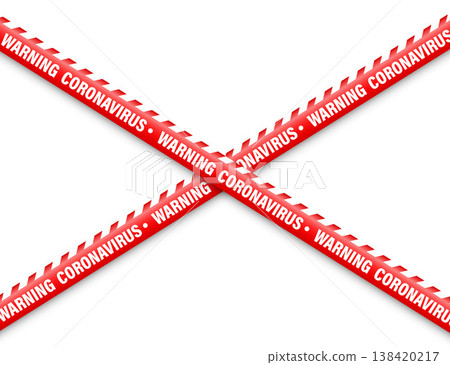 Quarantine zone warning tape. Novel coronavirus outbreak. Global lockdown. Red coronavirus danger stripe. Police caution line, restricted area. Construction tape. Vector illustration 138420217