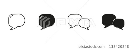 Speech Bubble Communication Line And Solid Icon Set. Dialogue, Messaging and Conversation Outline And Silhouette Symbol Collection. Chat Interface Design. Isolated Vector Illustration 138420248
