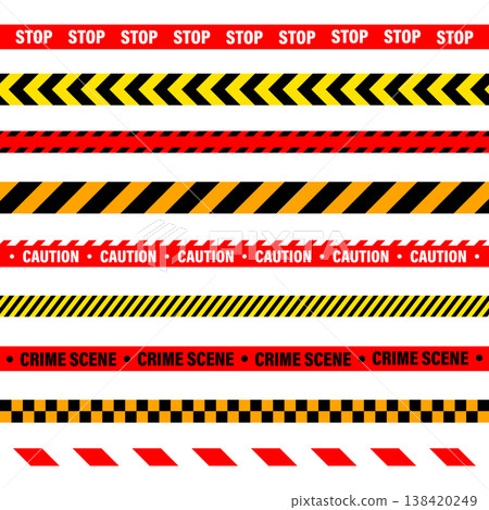 Barricade construction tape. Colorful police warning line, brightly colored danger or hazard stripe, ribbon. Restricted area, zone. Attention symbol. Vector illustration Barricade construction tape. Colorful police warning line, brightly colored danger or hazard stripe, ribbon. Restricted area, zone. Attention symbol. Vector illustration 138420249