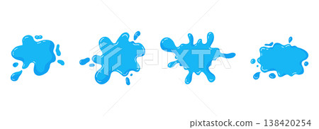 Water puddle splash frame, liquid shape with drops, abstract blob. Uneven wavy border edge set, paint, puddle, stain, rounded blot with splashes droplets. 138420254